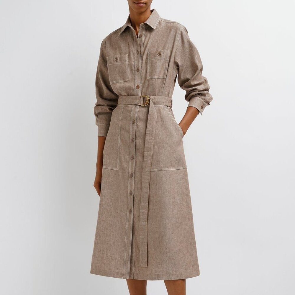MaxMara Taupe Belted Shirt Midi Dress